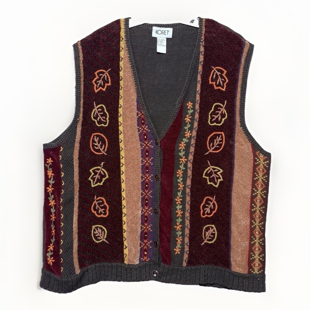 VTG 90s Koret Womens 2X Sweater Vest Embroidered Fall Leaves Cottagecore